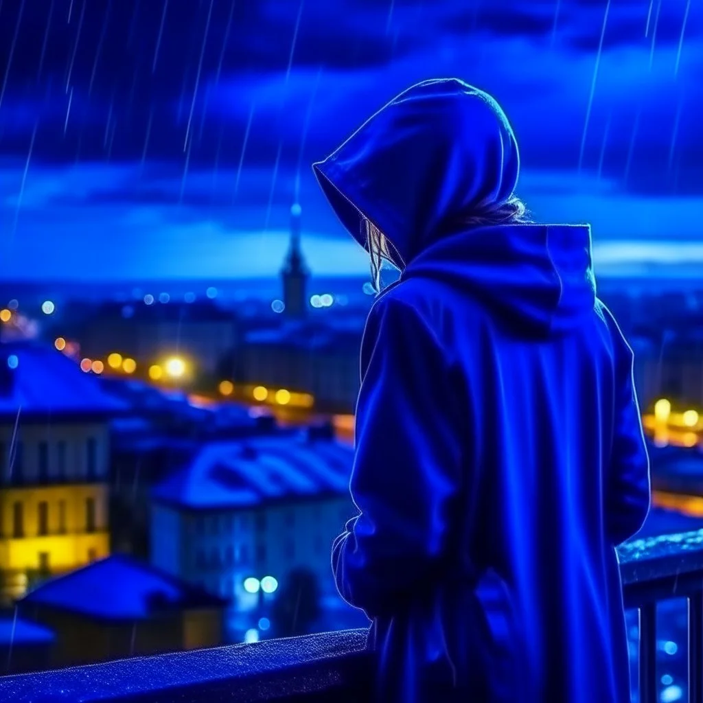 girl in a raincoat, watching the empty city, at midnight, dark blue colours, rainy, atmospheric, photo quality