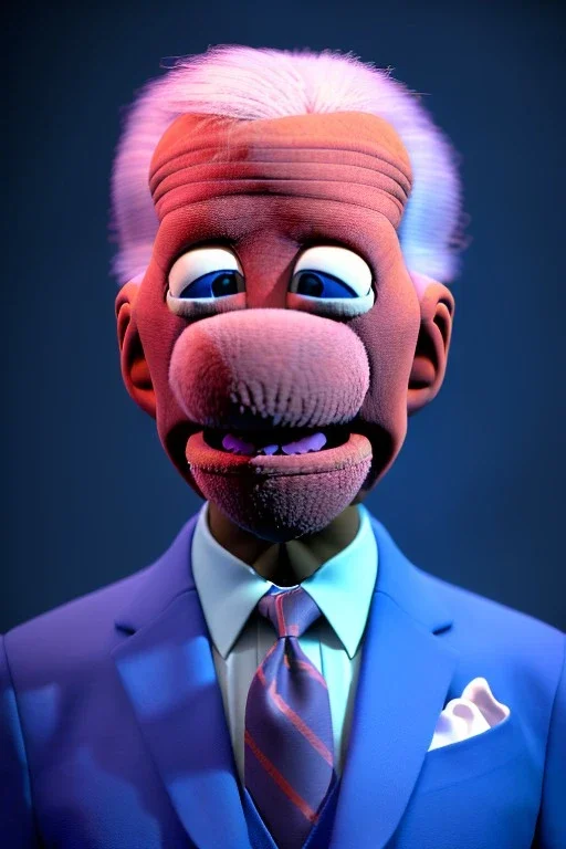 Waist up muppet Portrait, joe Biden as muppet doll, Blue suit retro style, photo studio, blue background, unreal engine 5, concept art, art station, god lights, ray tracing, RTX, lumen lighting, ultra detail, volumetric lighting, 3d.