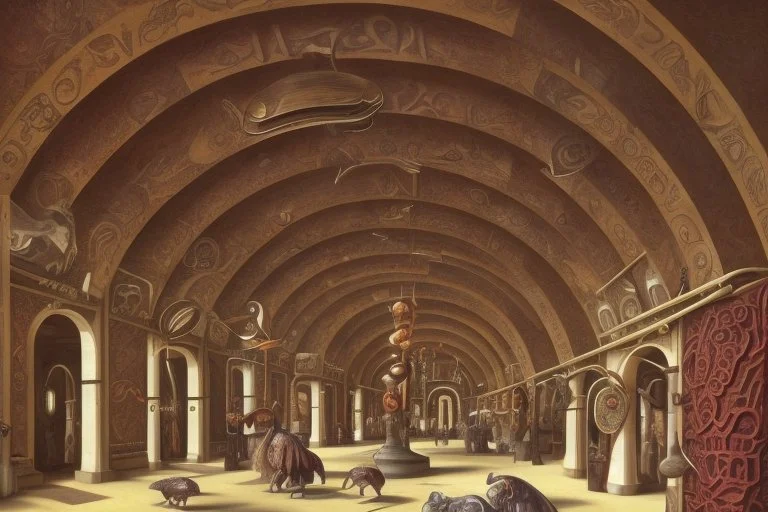 a round plaza, a Roman arcade with arches curved around it, by artist "Leonora Carrington"