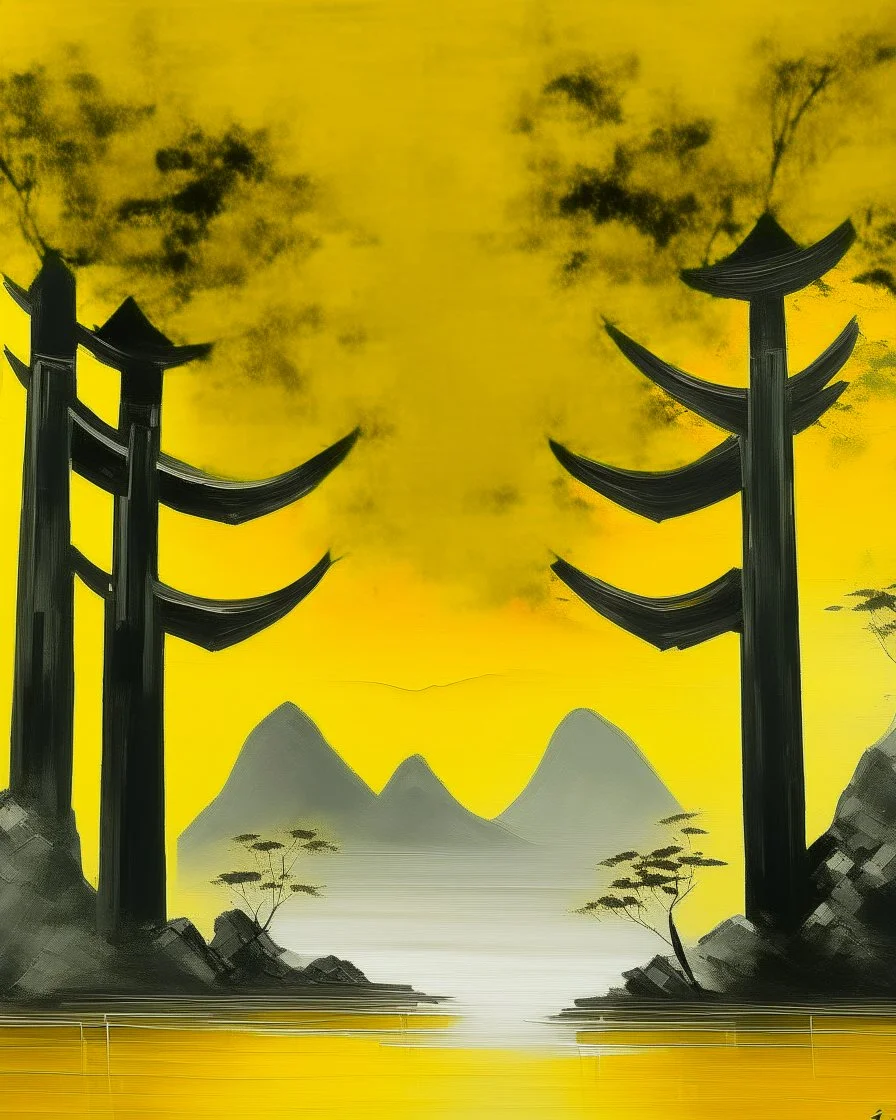 A yellow peak with torii gates in daylight painted by Cai Jia
