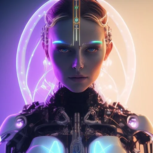 singer Danish MØ face, lumen lighting, led lights, <hanging wires> many wires connected to the head<perfect pupil> <cyborg> <garage> <sci-fi futuristic>