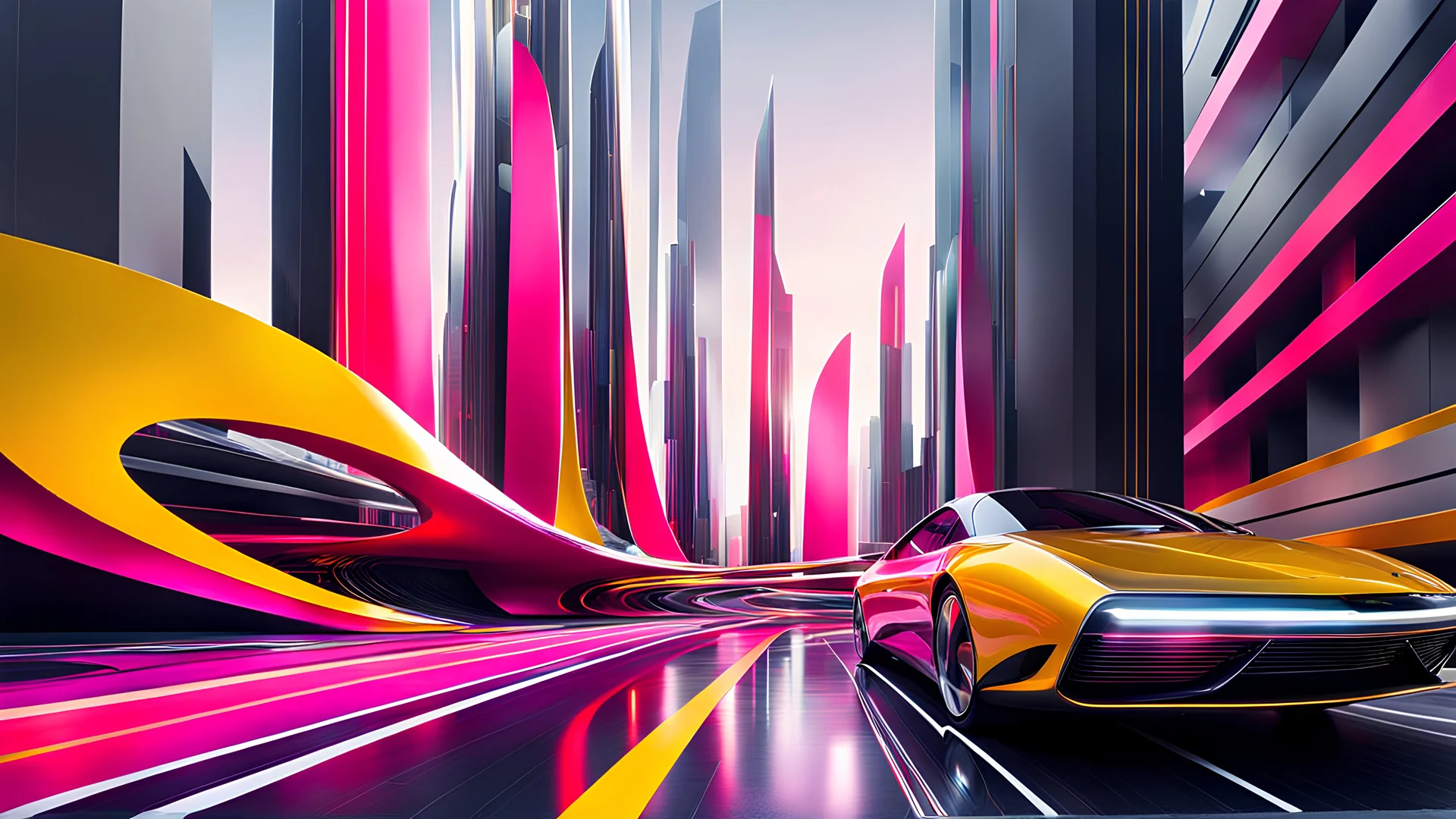 (hustle and bustle:55), (loop kick:10), (deconstruct:28), retro futurism style, urban canyon, cars of future oncoming, smooth curves, swirl dynamics, great verticals, great parallels, amazing reflections, excellent translucency, hard edge, colors of metallic grey and warm yellow and lollipop pink