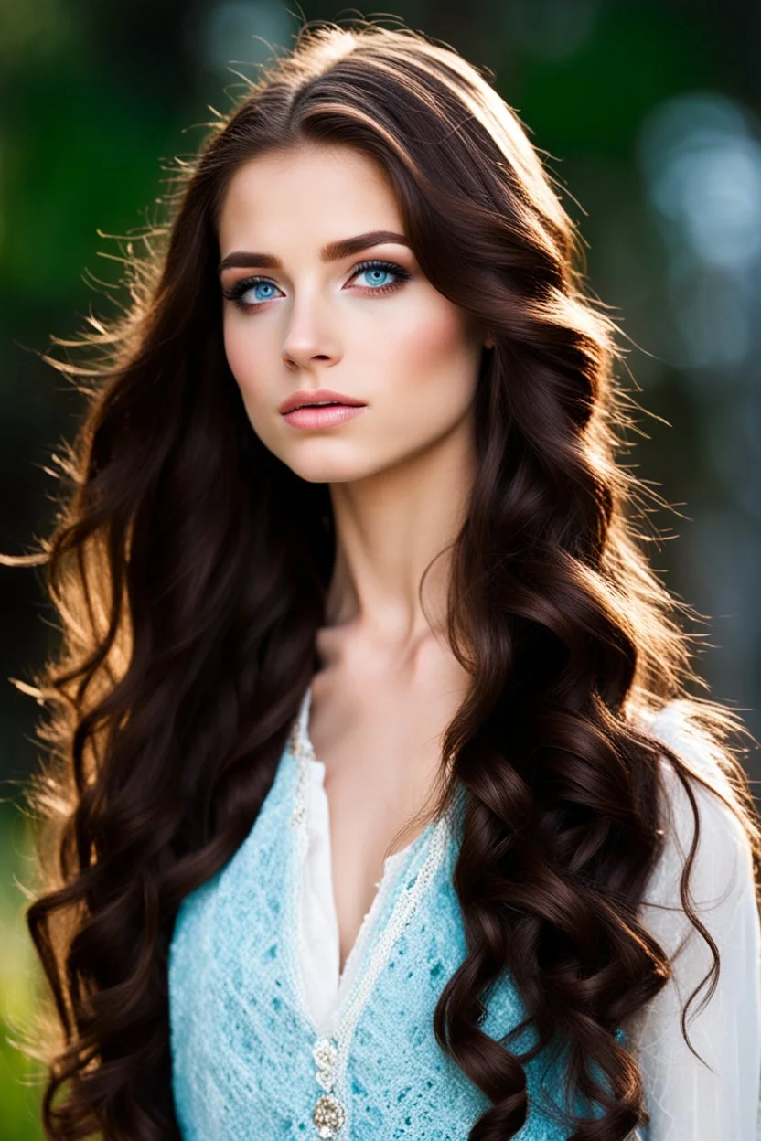 pretty18 year old girl with long wavy chocolate brown side swept hair. Blue eyes. wearing a vest. dark romance fantasy