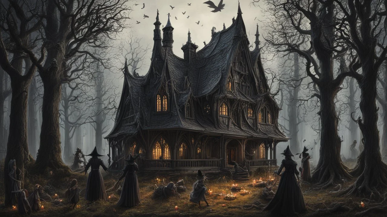 A gothic woodland house with a coven of witches dancing in front of it.