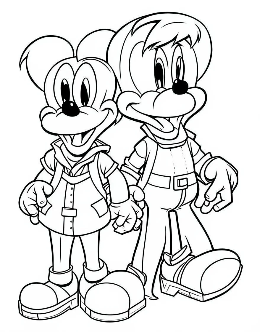 outline art for Mickey Mouse With Donald Duck And Goofy To Color coloring page, Japanese manga style, cartoon style, cute face, white background sketch style, full body is a must, only use outline, clean line art, no shadow, bold outline