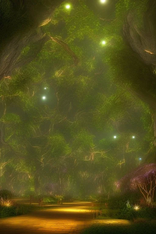 Canopy view tropical forest at night, with each tree emitting differrence colours bioluminiscene