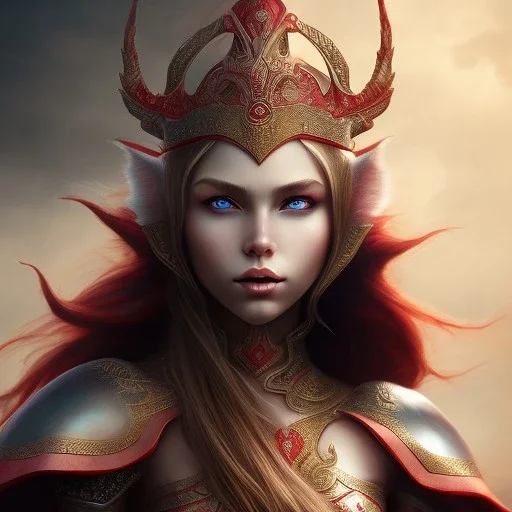 mighty queen elf, red armour, realistic, HD4k, watery cloud background, deep red eyes, close up shot