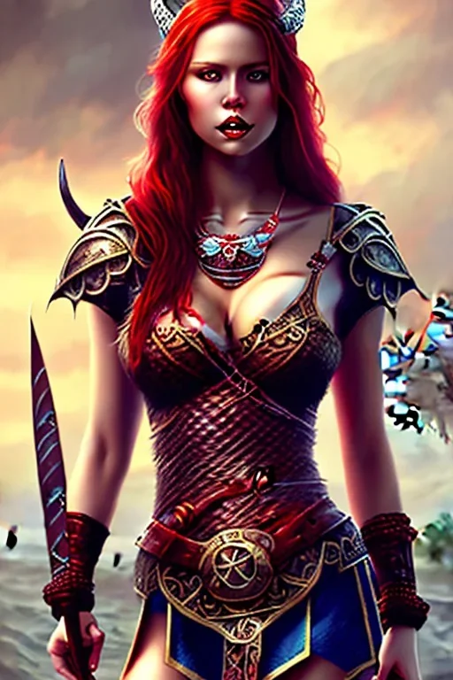 viking milf, red long hair, warrior princess, nacht, große oberweite, corsage, necklace, fantasy art