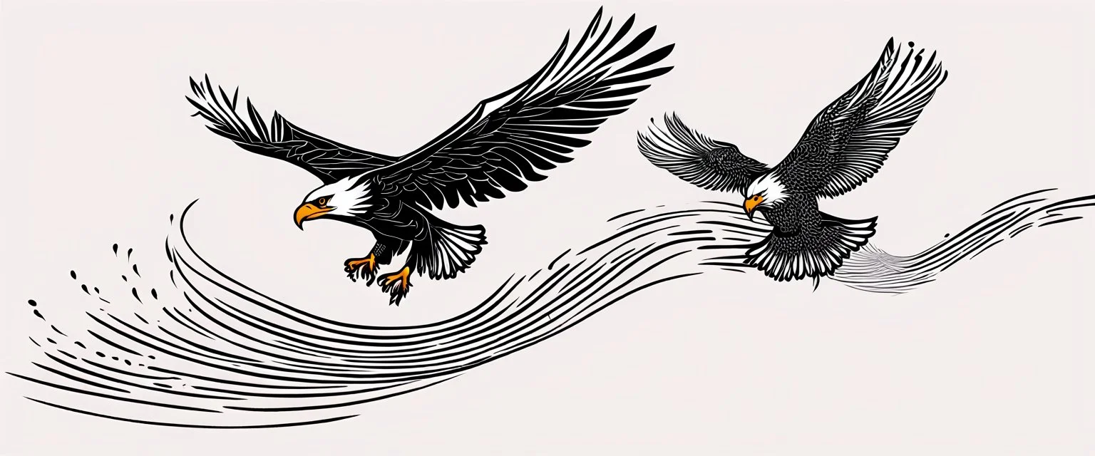 2 birds being chased through the air by an eagle, they each trail a graphic line behind them, and lost feathers, vector