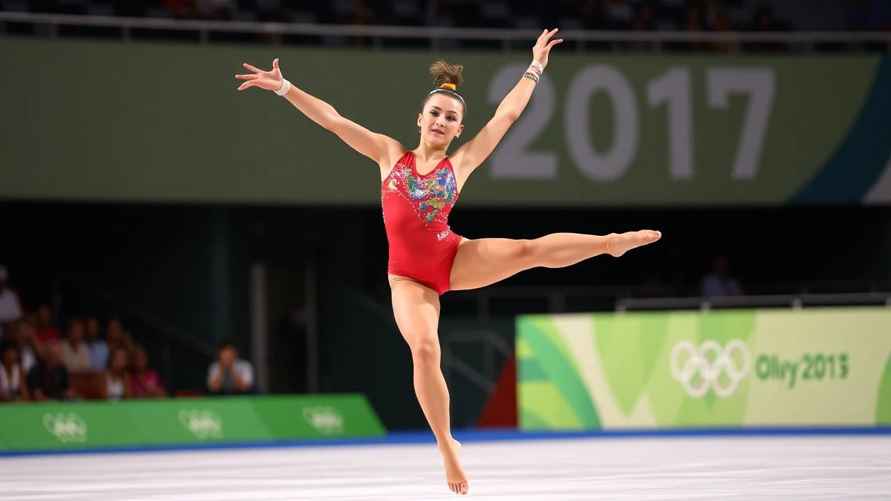 a gymnast lady is showing her spring floors perfomance in olympic games