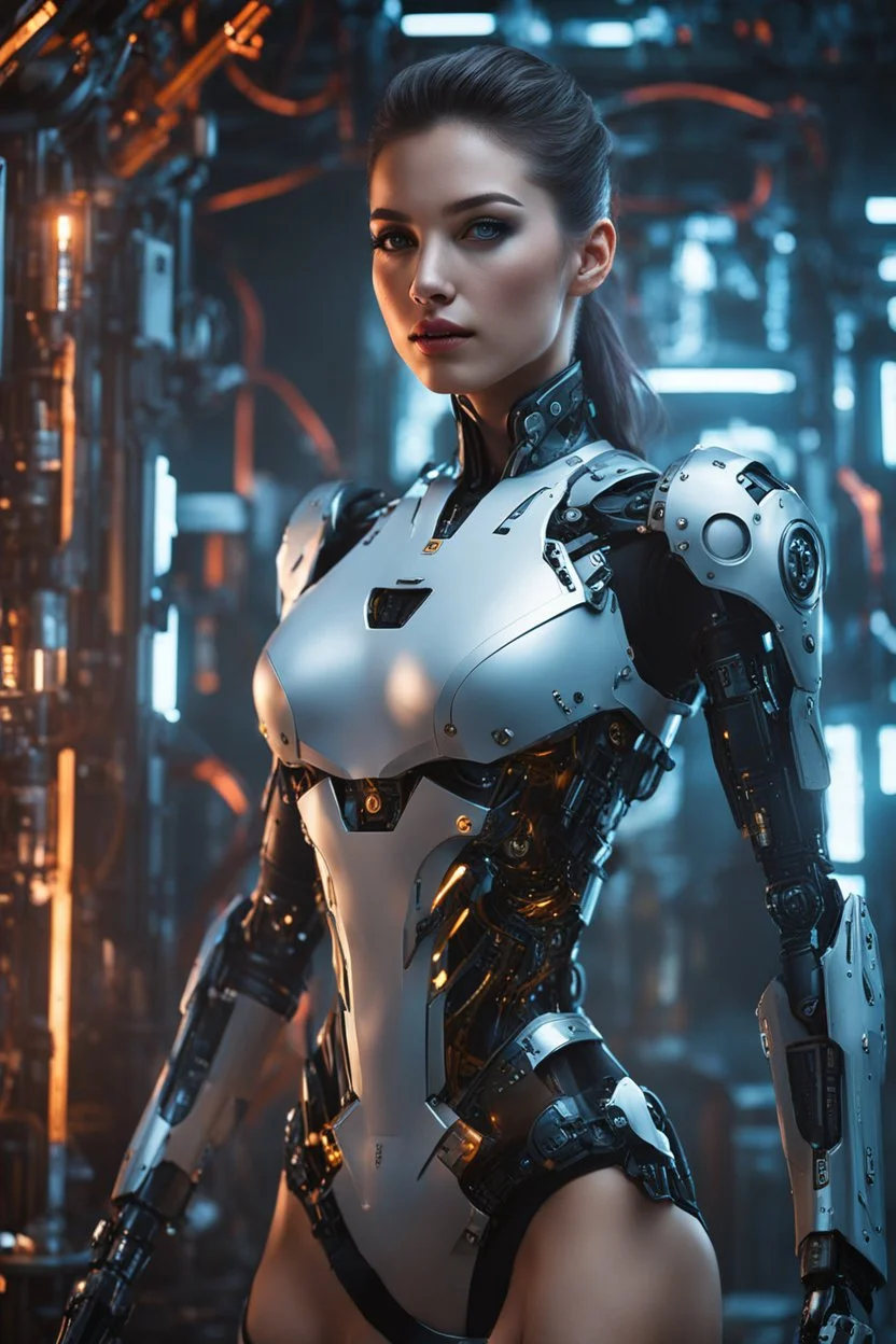 Fullbody Photography 4k masterpiece, incredible depth, cinematic dynamic lighting, sharp focus, high resolution, high quality, outstanding visual masterpiece, flawless rendering, fine detail, extremely realistic masterpiece))), ((((a beautiful robot woman with exposed machinery and circuitry, hanging out in a cyberpunk workshop, elegant machinery, glowing circuitry on skin)))), (((perfect face, proportionate face, beautiful features, unbelievable detail, award-winning art))), (((luminous round