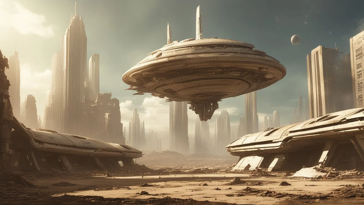 A small, wide, squat, sleek Spaceship in a ruined alien city, surrounded by tall damaged buildings, clear sky, small white clouds, photorealistic