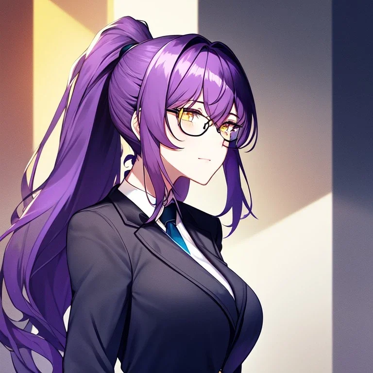 girl, masterpiece, best quality, volumetric lighting, detailed outfit, perfect eyes, vibrant colors, purple hair, long hair, vibrant golden eyes, office clothes, black glasses, messy hair, beautiful eyelashes, ponytail,