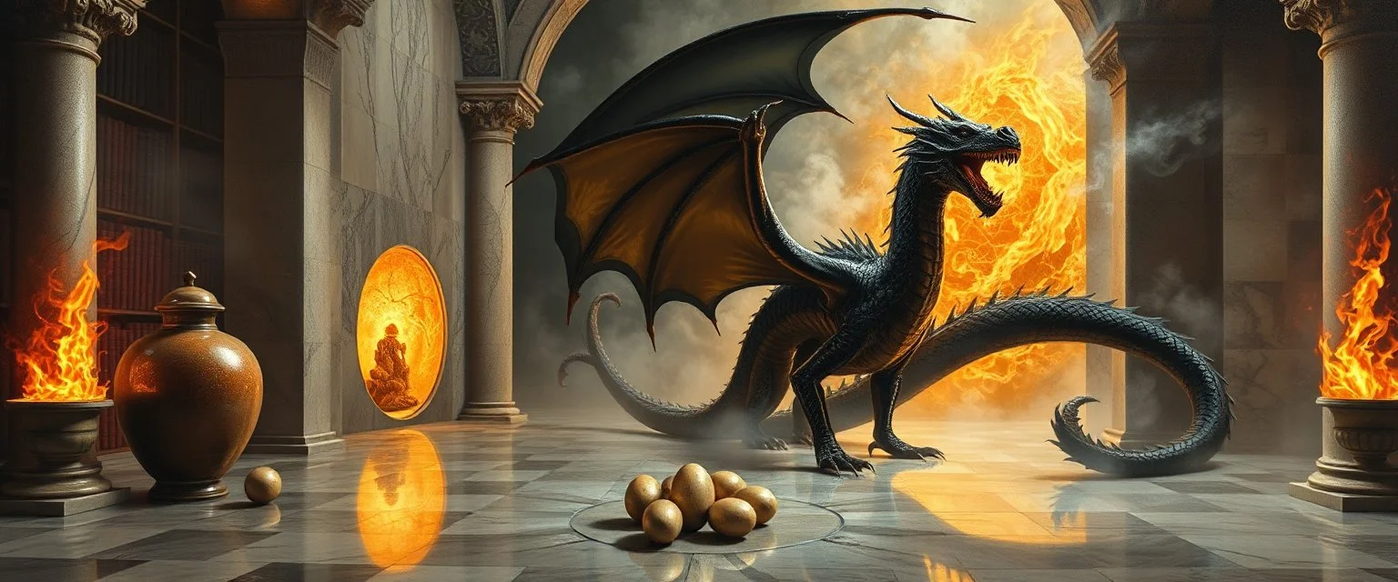 master oil painting by Escher and Giger, glaring vases and black humanoid reflective female dragon and hidden golden dragon inside marble hall library, cryptic eggs, sacred geometry, fire fog and steam border, fire elemental creature, twisted dimensional portal