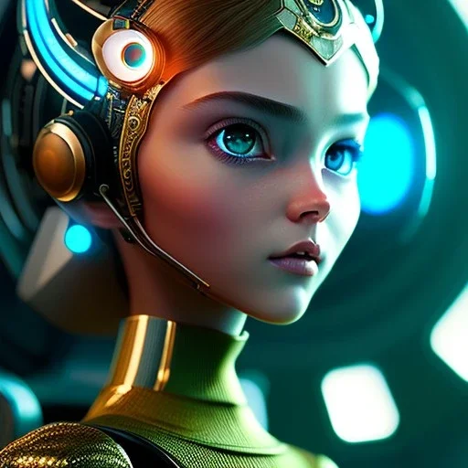 Extremely detailed and elaborate pixar style anamorphic cute cyborg girl with big eyes art by Ilya Kuvshinov with an intricate metal shield. Sci-fi futuristic fantasy realistic visually stunning deep colors colorful 4k 8k IMax CryEngine face tattoo,