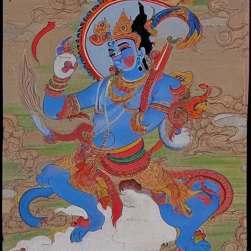 Vishnu riding a dragon in Tibetian painting style