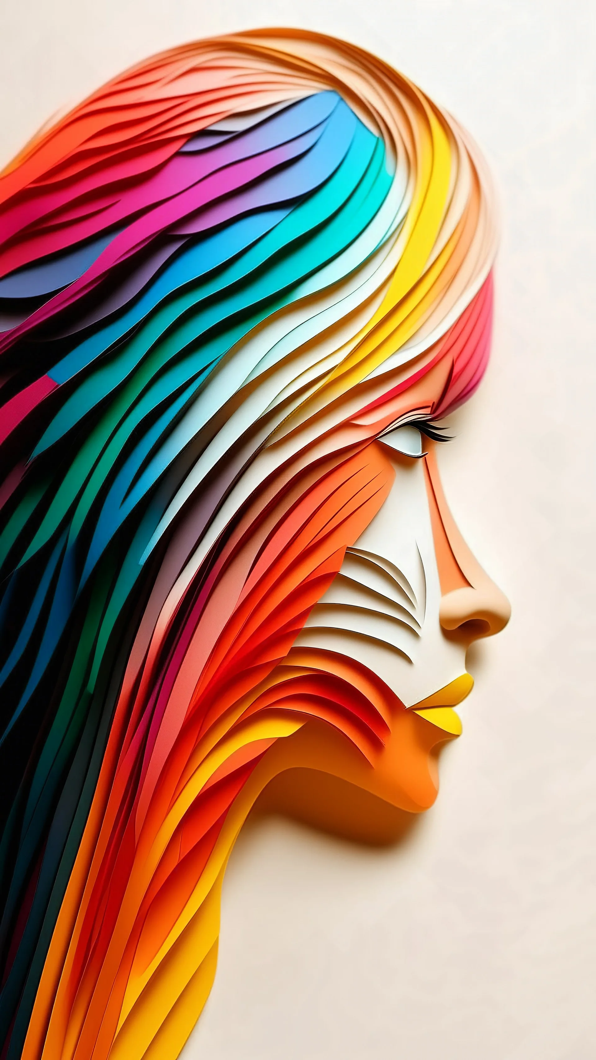 Sureal An artistic representation of a human face, crafted from layered, colorful paper-like cut strips. The profile features smooth curves, with vivid shades of pink, orange, blue, and white creating a flowing texture that mimics skin. The eyes are closed, framed by delicate black eyelashes, while the lips are softly textured, suggesting a serene expression. The background is neutral, enhancing the vibrant colors of the artwork.