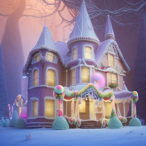 closeup render of rambling, Victorian house made of gingerbread and vibrant candy, cotton candy trees and gumdrop walkway, 8k resolution, centered, high-quality, ultrafine-detail, digital art, detailed matte, volumetric lighting, illustration, 3D octane render, brian froud, howard lyon, greg rutowski, George Grie