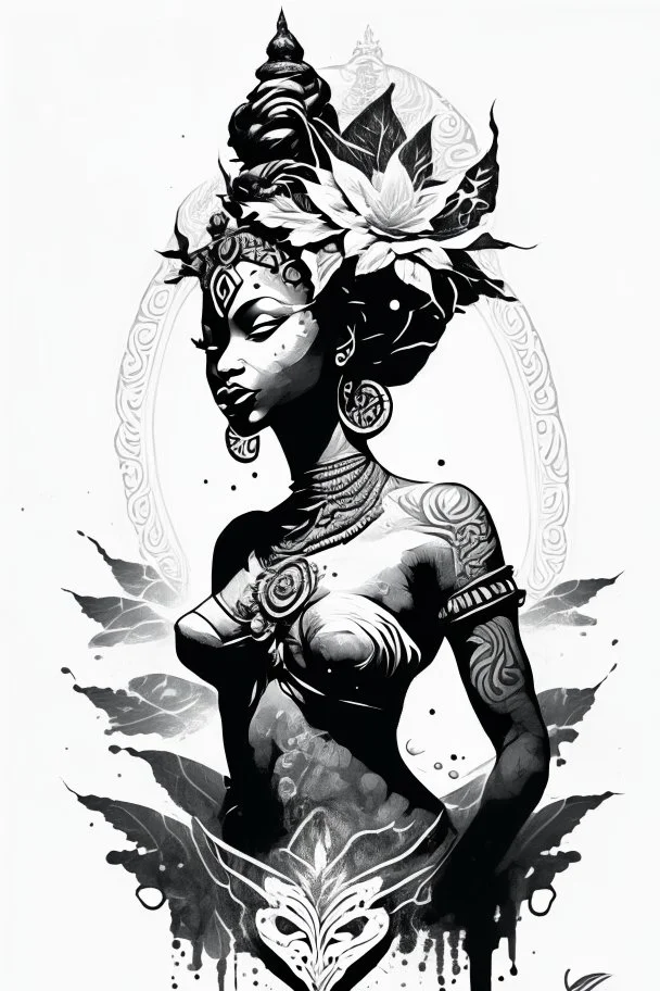 black and white illustration in a tattoo style of the oshun divinity for a stencil tattoo in a white background