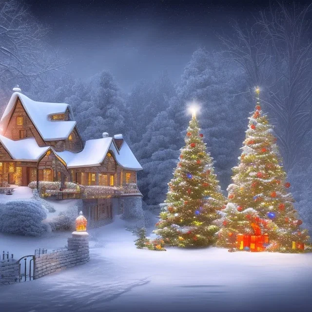 foto realistic winter house with a illuminated christmas tree and presents in the night