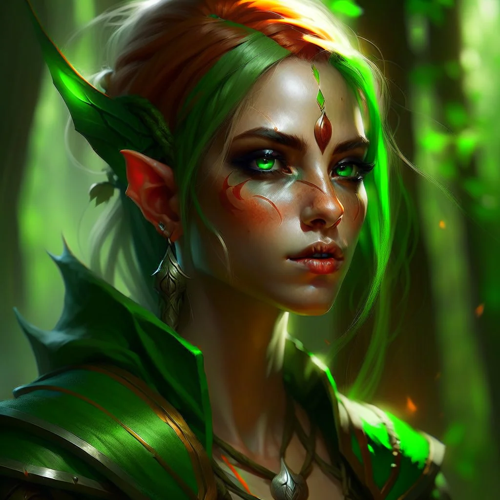 dnd, artistic, illustration, artstation, elf, bright green hair, green eyes, warrior, portrait