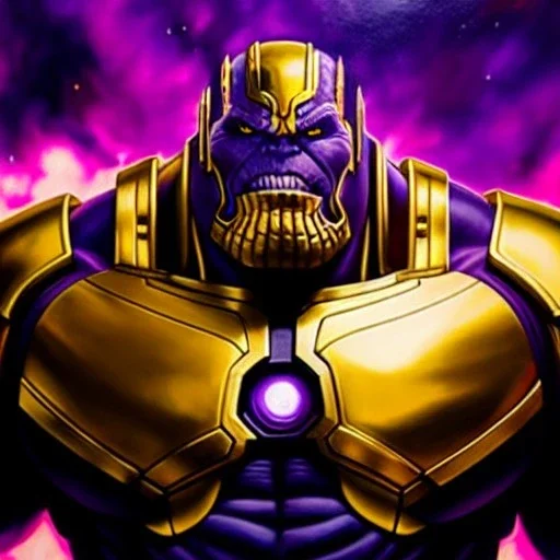 fullbody portrait in oil on canvas of Thanos with Big Golden Hulkbuster armor, intense stare, masterpiece, realistic, intricate detail, sci-fi fantasy style, volumetric lighting, particles, highly detailed ,cinematic , deep colours, 8k, by Kaare Andrews