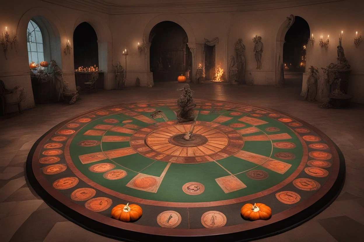 Пол, Колесо рулетки, как были в казино. Вокруг были тыквы, слишком подозрительные чтобы быть правдой и излучали пламя зеленого или обычного, привычного цвета. Так же в склепе были пару Хэллоуинских декораций что напоминали саму суть праздника, в левой стороне, а по правую сторону, Рождественские? В центре было пугало