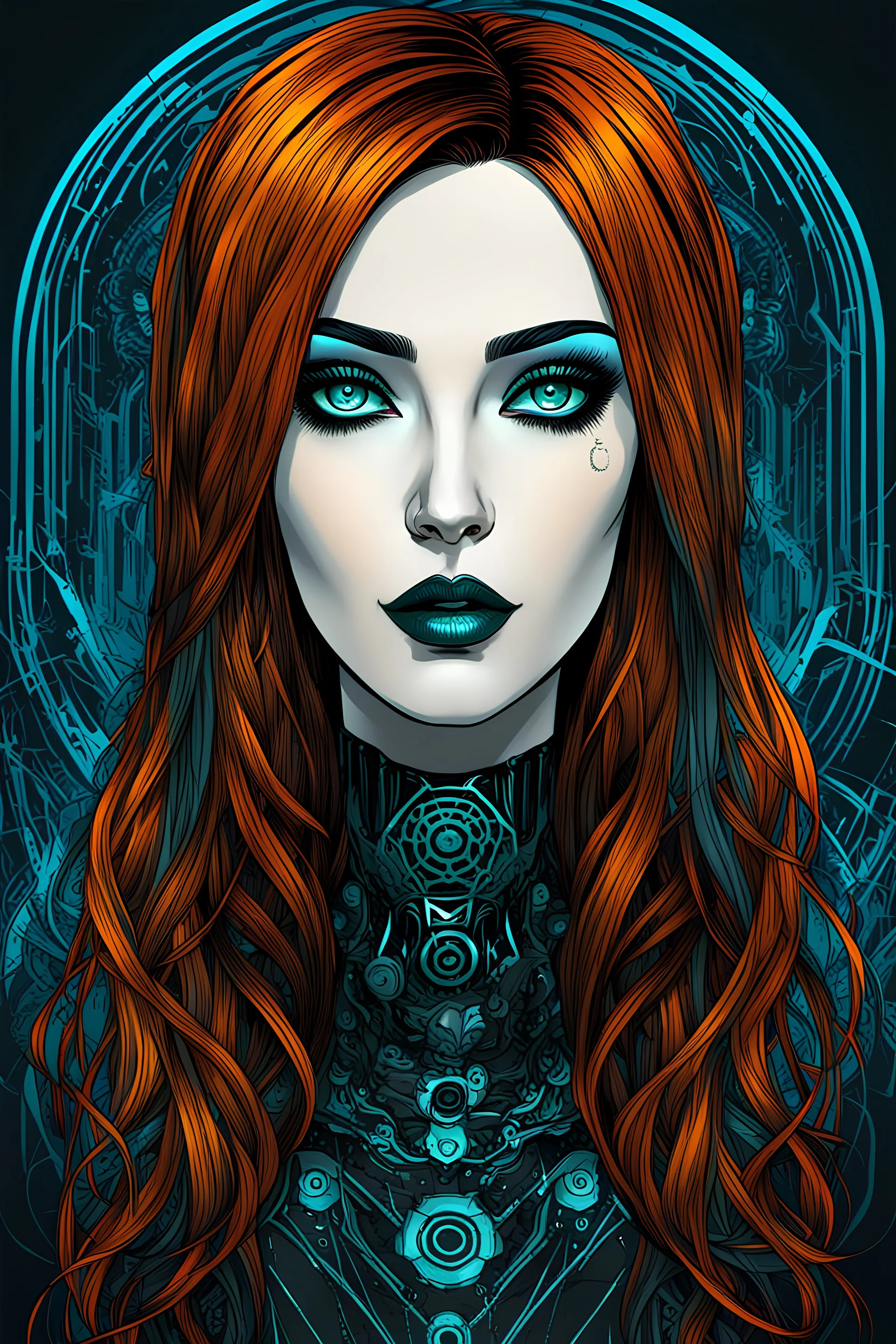 Create a wild, imaginative, full body, cybernetics enhanced, auburn haired goth girl with highly detailed facial features, in the vector graphic style of Nirak1,Christopher Lee, and Cristiano Siqueira, vibrant colors, sharply defined, 2d vector