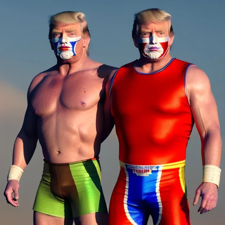 Realistic image of Donald trump wrestler, Mexican wrestling style, Mexican wrestling mask for eyes, red and blue breeches, glow us flag dress, single, suspenders, retro style, 80s, vibrant color, highly detailed, sky background, concept art, unreal engine 5, god rays, ray tracing, RTX, lumen lighting, ultra detail, volumetric lighting, 3d, finely drawn, high definition, high resolution.