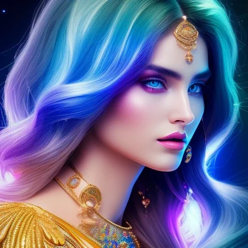 cosmic woman,highly detailed, hyper-detailed, beautifully color-coded, insane details, intricate details, beautifully blue color graded, Cinematic, Blue Color Grading, Editorial Photography, Depth of Field, DOF, Tilt Blur, White Balance, 32k, Super-Resolution, Megapixel, ProPhoto RGB, VR, Half rear Lighting, Backlight, non photorealistic rendering