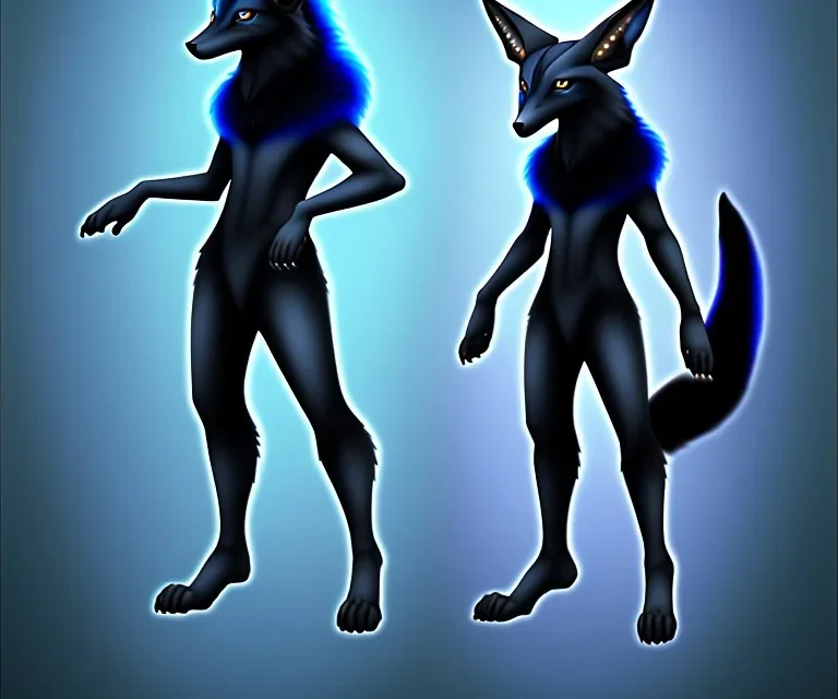 Dark type and fighting type legendary pokemon. Anubis-like fox. black and dark blue colored fur. Egypyopn elements. Bipedal.