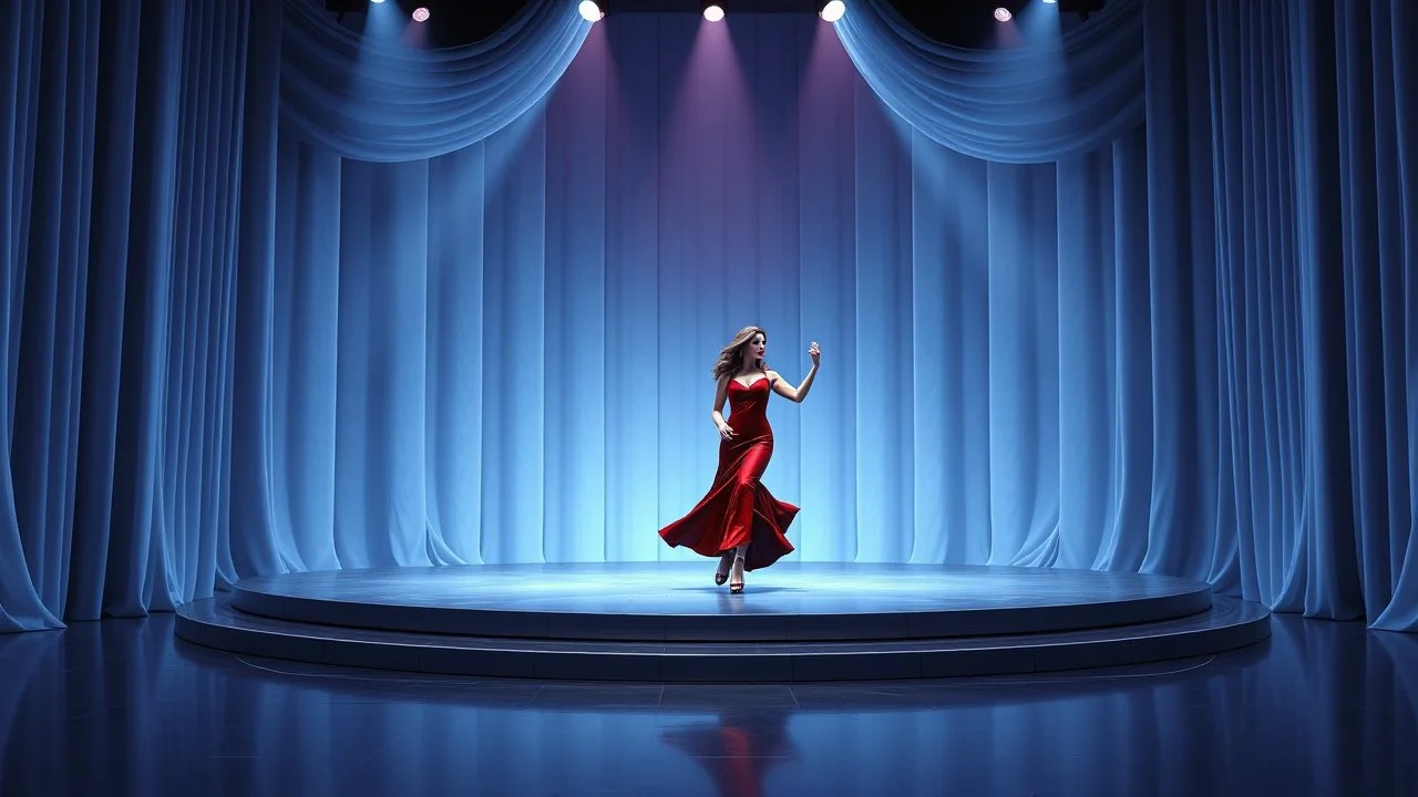 modern stage with gray-blue theme artistic decoration , color full dynamic lighting, a beautiful lady in modern maxy dark dark red dress with shining silver jwells dancing, 3D recursive fractal structure animating background