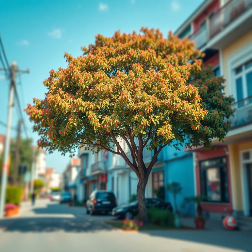 Photograph hasselblad h6d400c --ar 85:128 --v 6.0 of a fake street, tree, tiltshift, 3d deep field, galaxies and planets, odd, abstract, expressionist style, colorful holiday