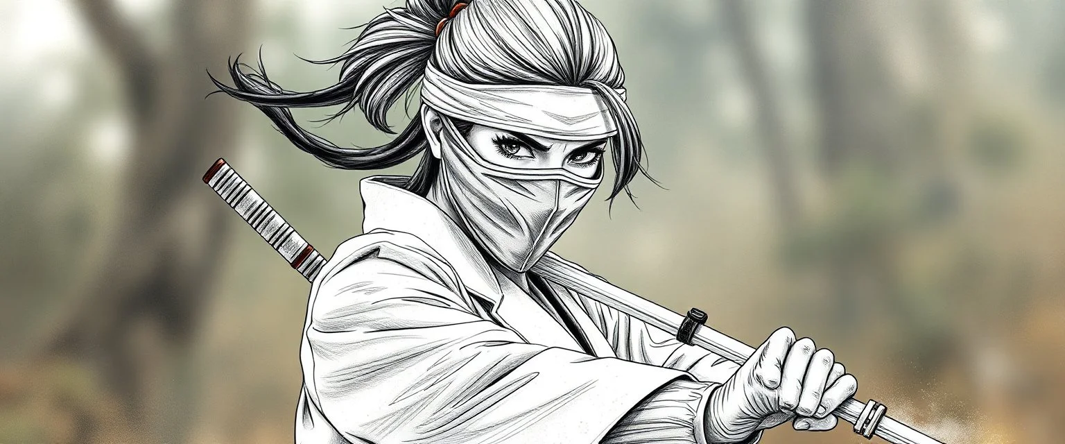 pencil outline and airbrush, female ninja doctor in the wild, blurred realistic background