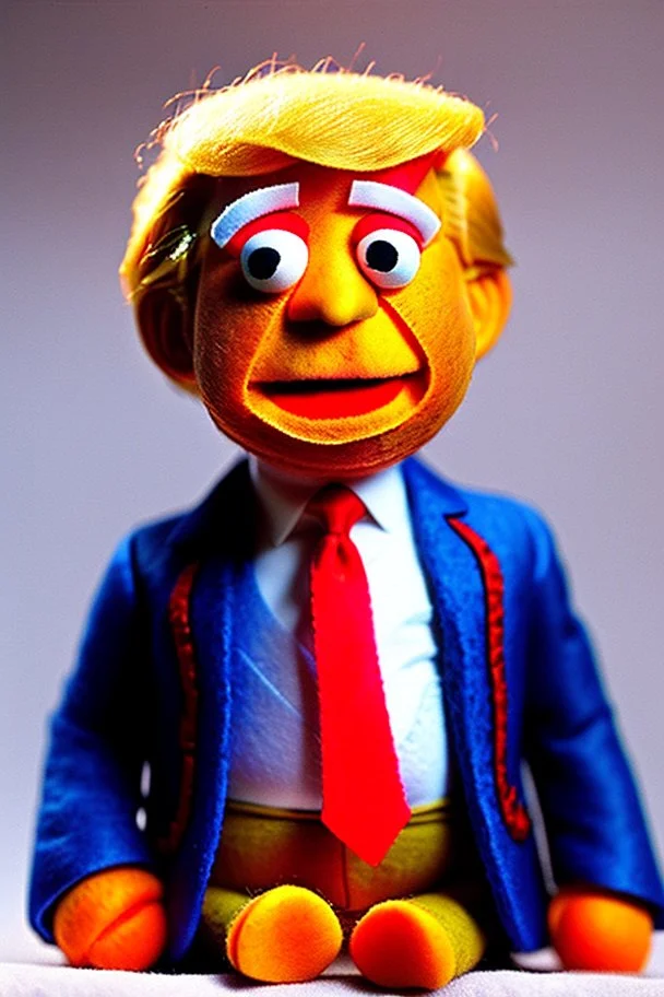 a Film Photograph of an orange Donald Trump Muppet made of felt and fur wearing a dark blue suit and red tie