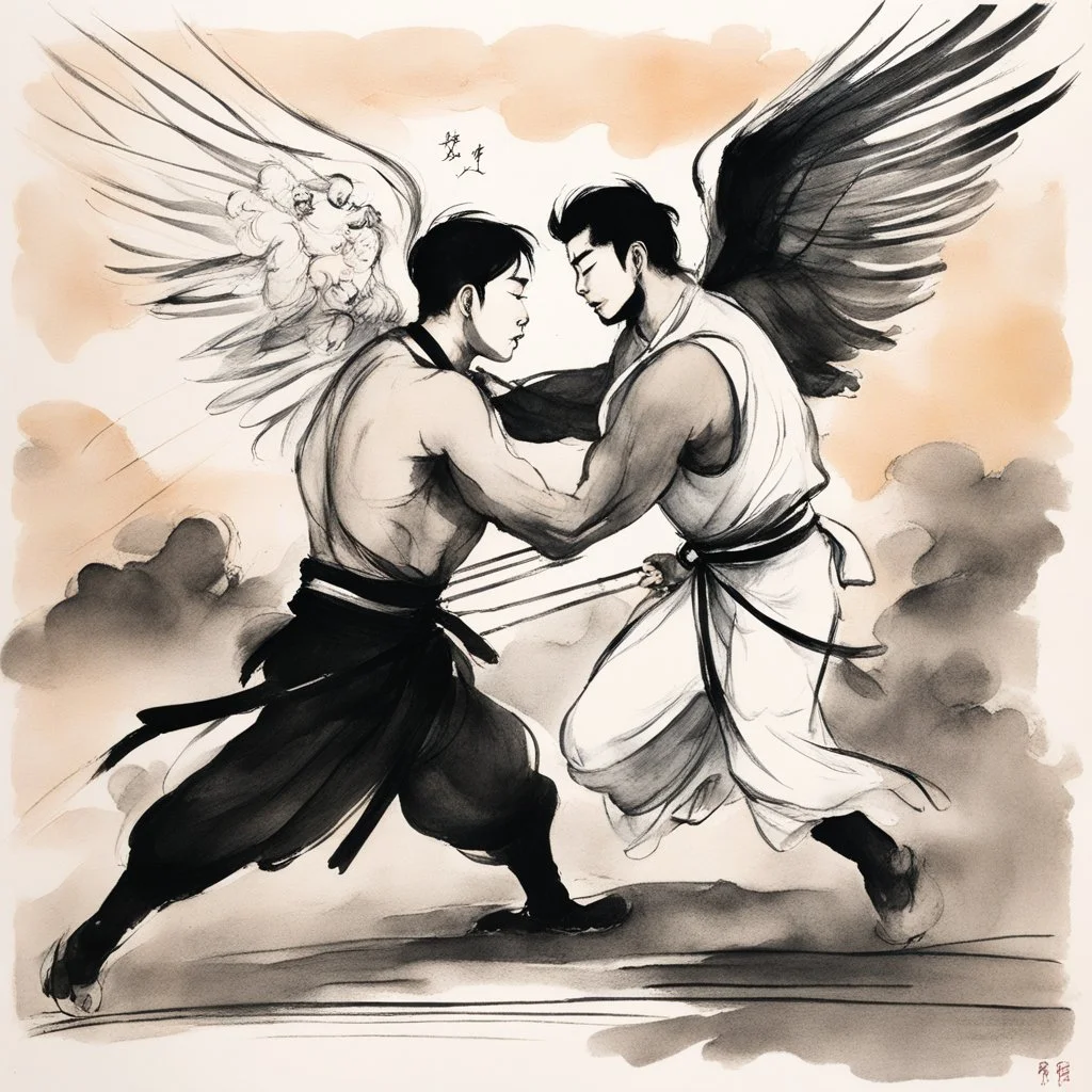 [traditional Chinese brush, expressive line, ink washes] Jacob wrestling with angel