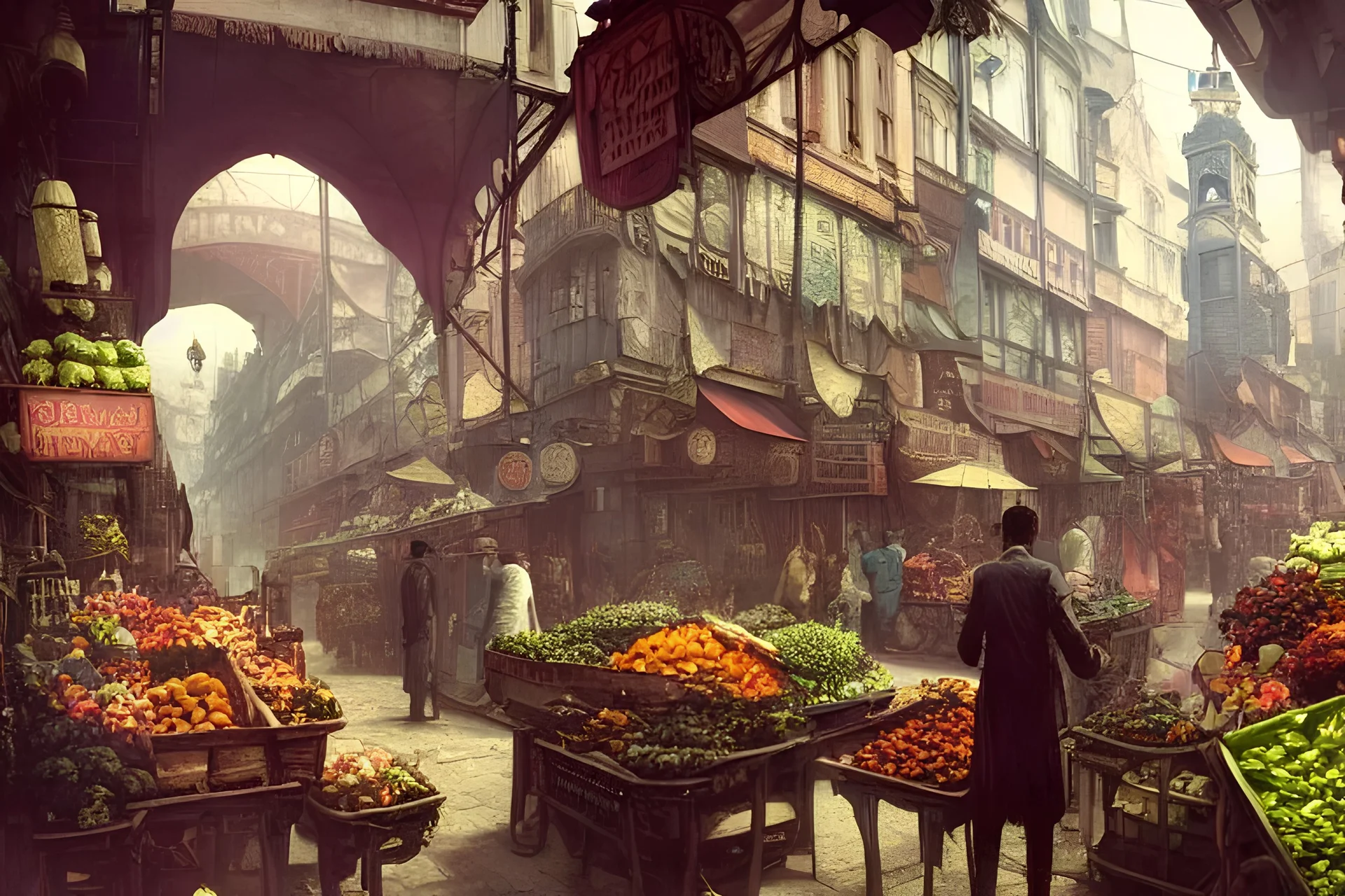 A greengrocer in colorful varanasi street+Gothic city+BioShock+Dishonored+Bloodborne +trieste+Edinburgh+Chicago+victorian London+decòpunk Skyscraper+ +steampunk+biopunk+alphonse mucha, greg rutkowski,matte painting, cryengine, hyper detailed, felix kelly, fantasy art, seb mckinnon