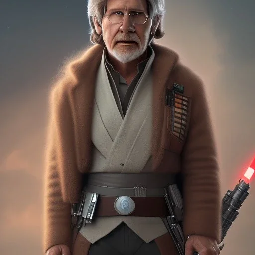 handsome cosmic harrison ford, hair in the wind, brown eyes, star wars outfit, perfect composition, super detailed, 8k, high quality, intricate details, highly detailed, lights in background, octane render