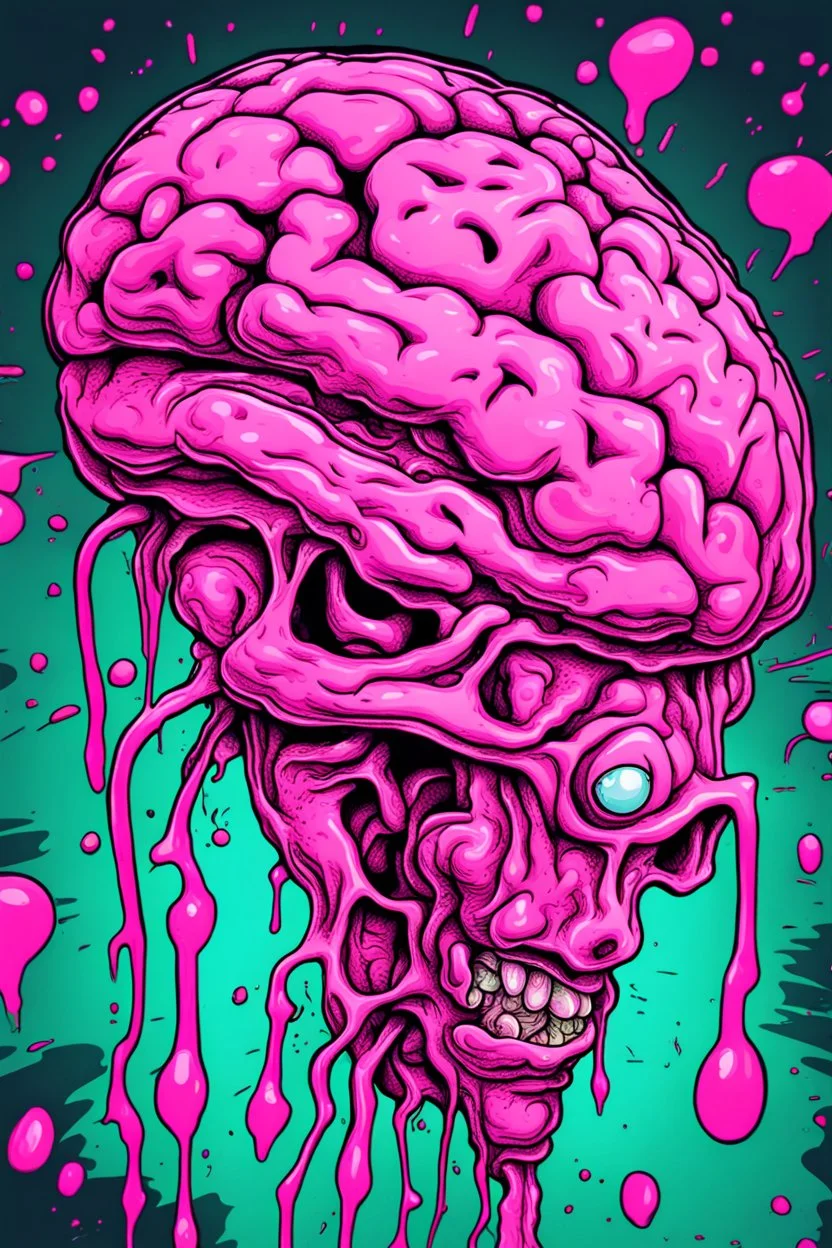 Vintage illustration of a slimy pink brain melting, cartoonist animation style, hand drawn, neon lighting, gross art, pop punk, 90s anime inspired, airbrushing, post modern, horror cut, gradient chrome abberations, retro weird drawings, alien brain matter, blood spatter , scifi punk