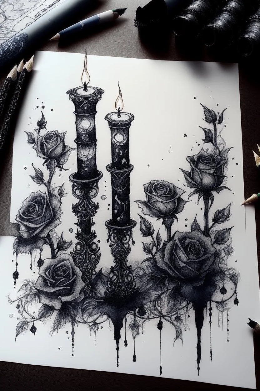 watercolor drawing with Gothic black candles, black lace, pearls, black roses on a white background, trending on Artstation ::{creative commons}:: Illustration :: Color correction:: Filmic, Nikon D750, Brenizer Method, Perspective, Depth of Field, F/ 2.8, Lens Flare, Tonal Colors, 8K, Full-HD, ProPhoto RGB, Perfectionism, Frame Illumination, Natural Lighting, Soft Backlight