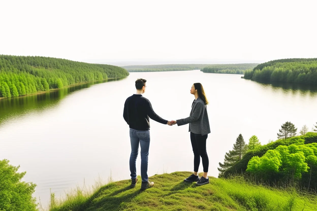 An image of two people exchanging criticism in a constructive and respectful manner, standing on a hill with a lake behind them
