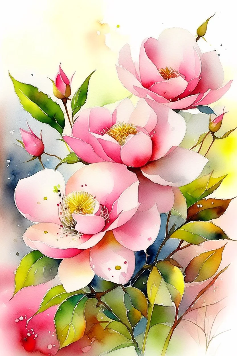 English watercolor, ink drawing. A bush of blooming pink and white rosehip in full size in height. A small drawing. Glitter, small diamond sequins. Pink, silk, milk, mother of pearl. Foliage. The background is a hazy haze. Softness, tenderness, SGI, octane rendering, megapixel extension 1028k ultra HD. volumetric, 5d, blue background