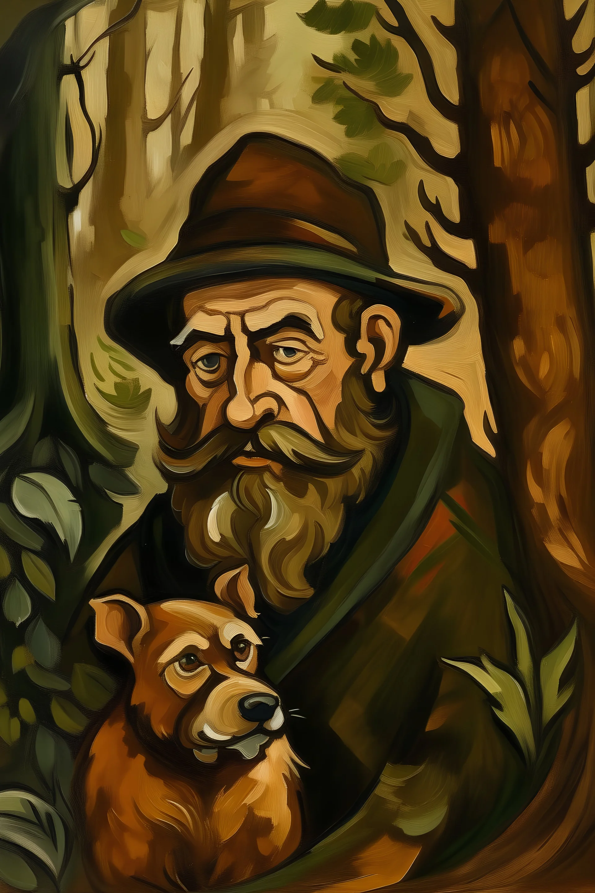 Portrait eines Zwerg-Rehpinschers im Wald im Stile von Franz Marc. Überwieden in Wald- und Erdtönen gehalten. Außer der Hund. Der ist schwarz.