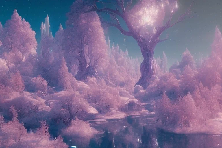 white and gold crystal cosmic and galactic ambiance sky trees river surreal, full of details, smooth, bright sunshine，soft light atmosphere, light effect，vaporwave colorful, concept art, smooth, extremely sharp detail, finely tuned detail, ultra high definition, 8 k, unreal engine 5, ultra sharp focus