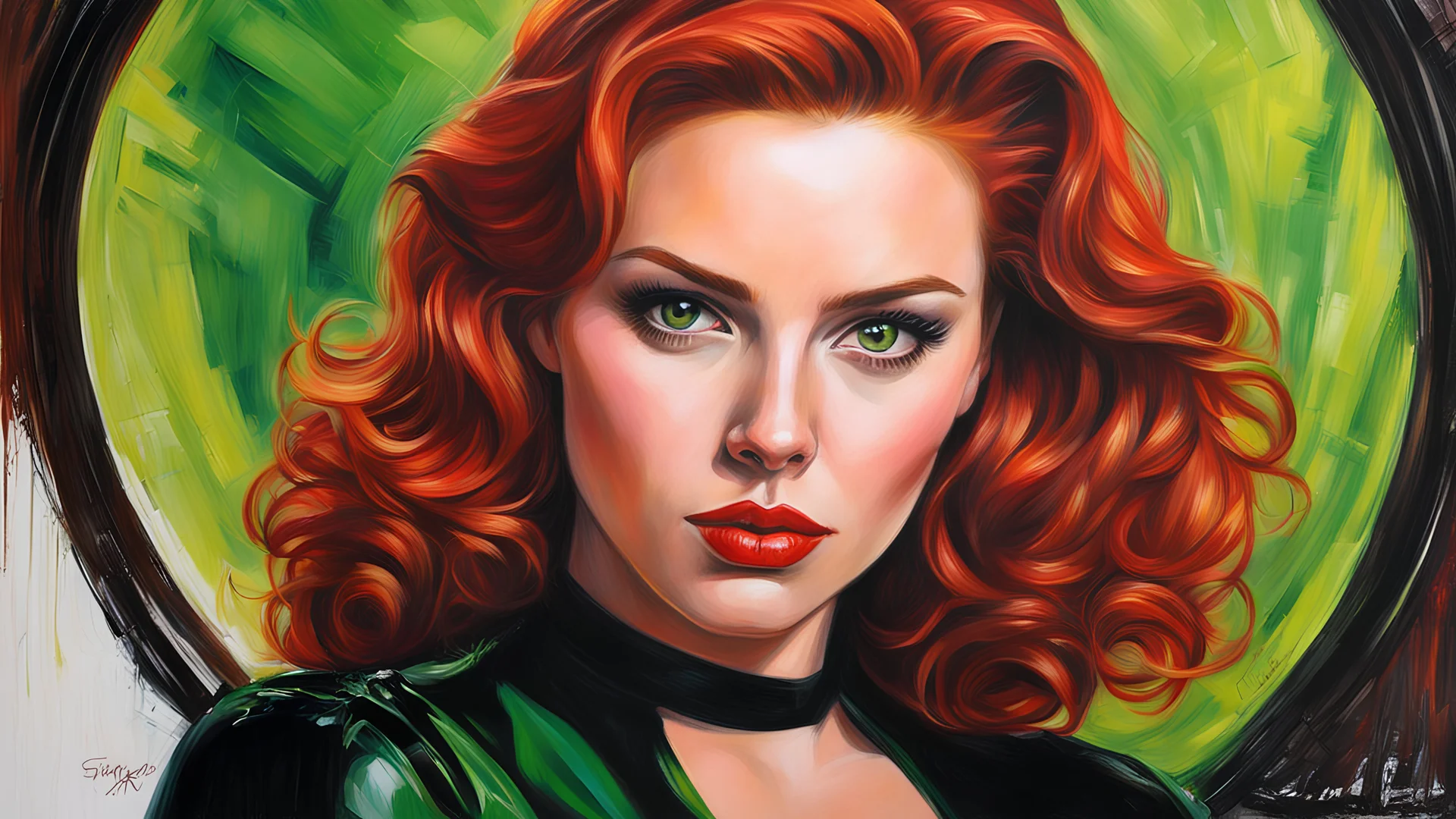 acrylic illustration, acrylic paint, oily sketch, green eyes, ginger hair, flirting, Black Widow (Scarlett Johansson:1.1), detailed, art by [Todd Schorr | Iryna Yermolova | Conor Harrington]