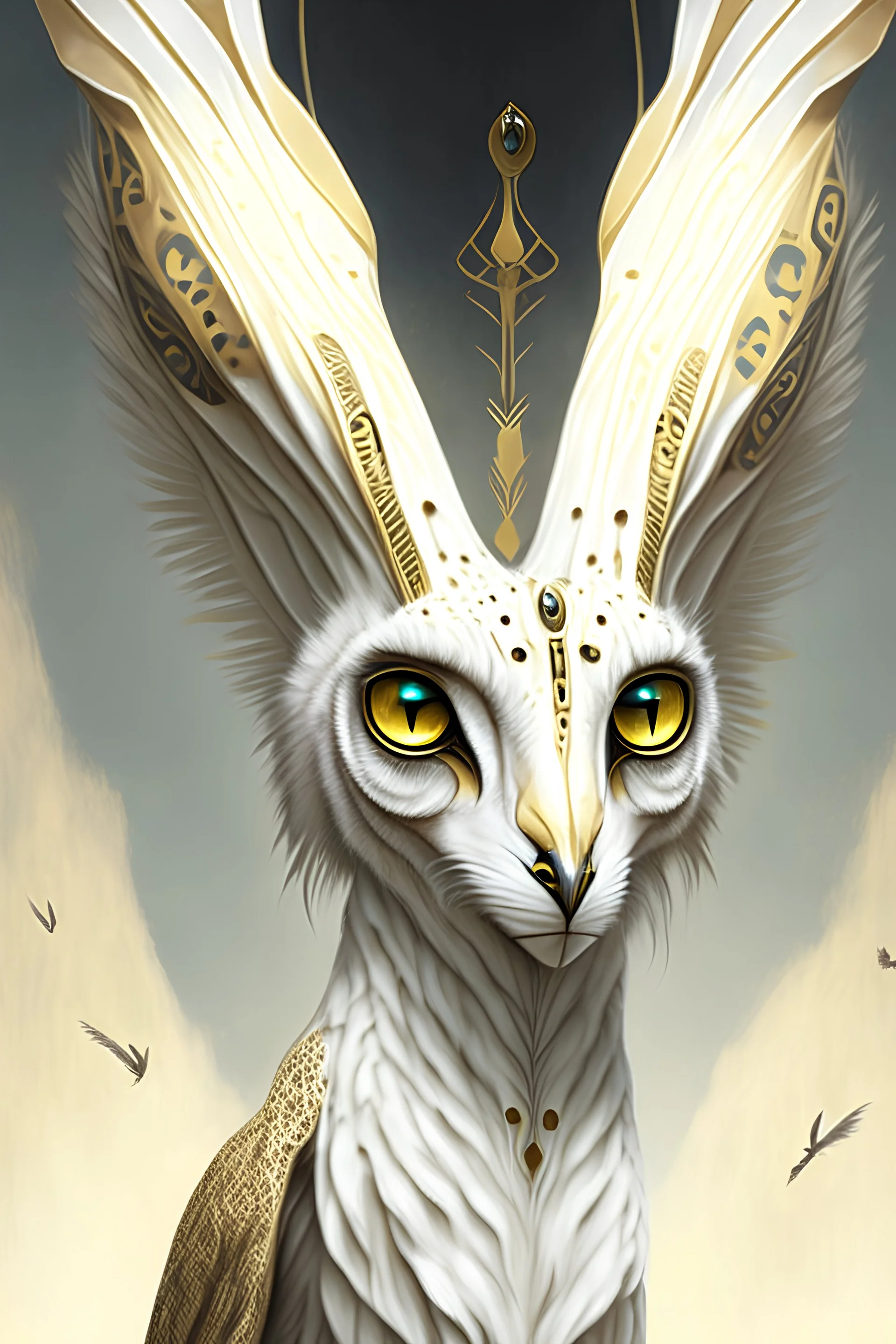 a tall multidimensional creature with long rabbit ears that hang down by the shoulders, curious over-sized eyes, the beak and face of an owl and white and subtle gold leopard markings