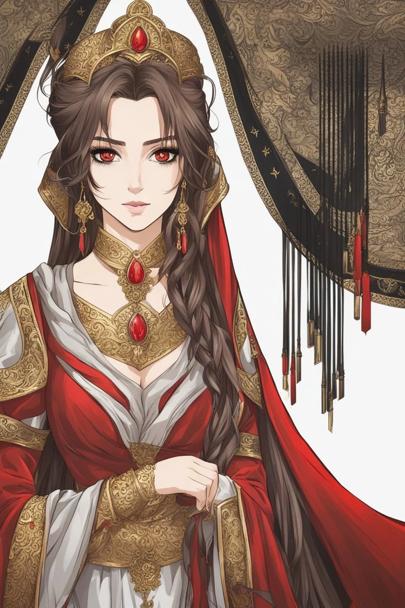 woman with long brown hair and red eyes, medieval concubine, anime style, highly detailed, intricate background, red and black clothes, confident, arrogant