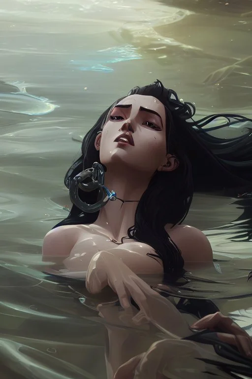 a beautiful woman, long curly black hair,closed eyes,coming from beneath the water,braking the surface with her face just coming out the water,looking up symbolism for breaking free. realistic,8k quality, action close shot from areal view,highly detailed , chaos 80