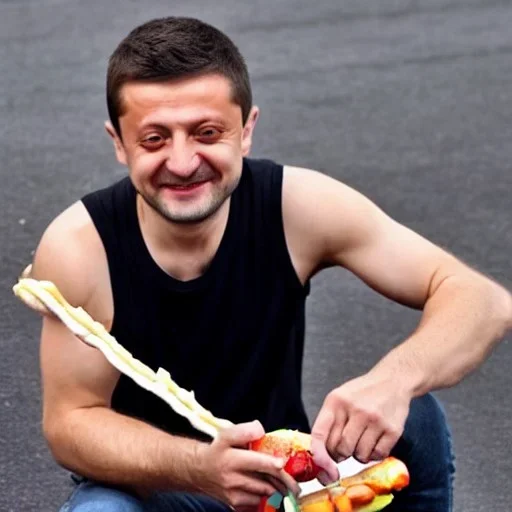 Volodymyr Zelensky WITH A BEARD wearing TANKTOP EATING A HOTDOG