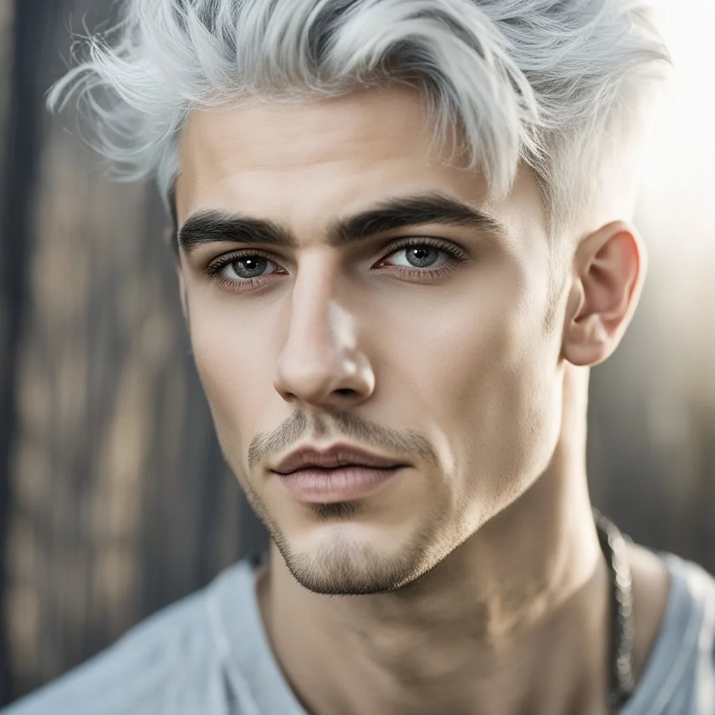 A stunningly detailed (((headshot portrait))), capturing the essence of a young man in his 20s with silver hair and piercing gray eyes, exuding a sense of confidence and protection